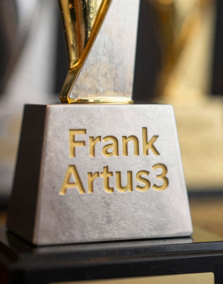 Close-up detail of a silver and gold film festival award, with Frank Artus's name engraved. The style is sharp and professional, with a shallow depth of field, using colors like #A88B57 and #F8F8F8 for highlights.