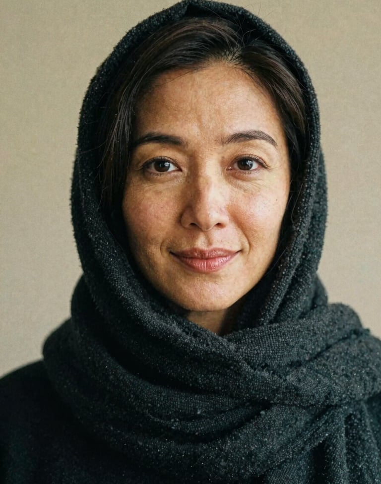A creative, slightly off-center portrait of a woman with a kind expression, captured with a grainy film aesthetic. She is wearing a dark charcoal scarf. The background is a simple, soft beige wall.