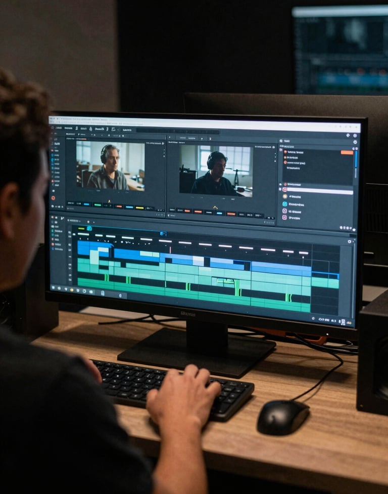 An over-the-shoulder shot of a film editor working on a complex timeline in a dark, modern Latin American / Hispanic studio, with monitors glowing in soft blue-grey.