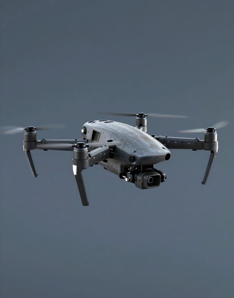 A detailed 3D model render of a mechanical drone asset. The surface has subtle wear and high-tech textures. Studio lighting highlighting silhouettes against a #3F516B background. Professional game development asset showcase.