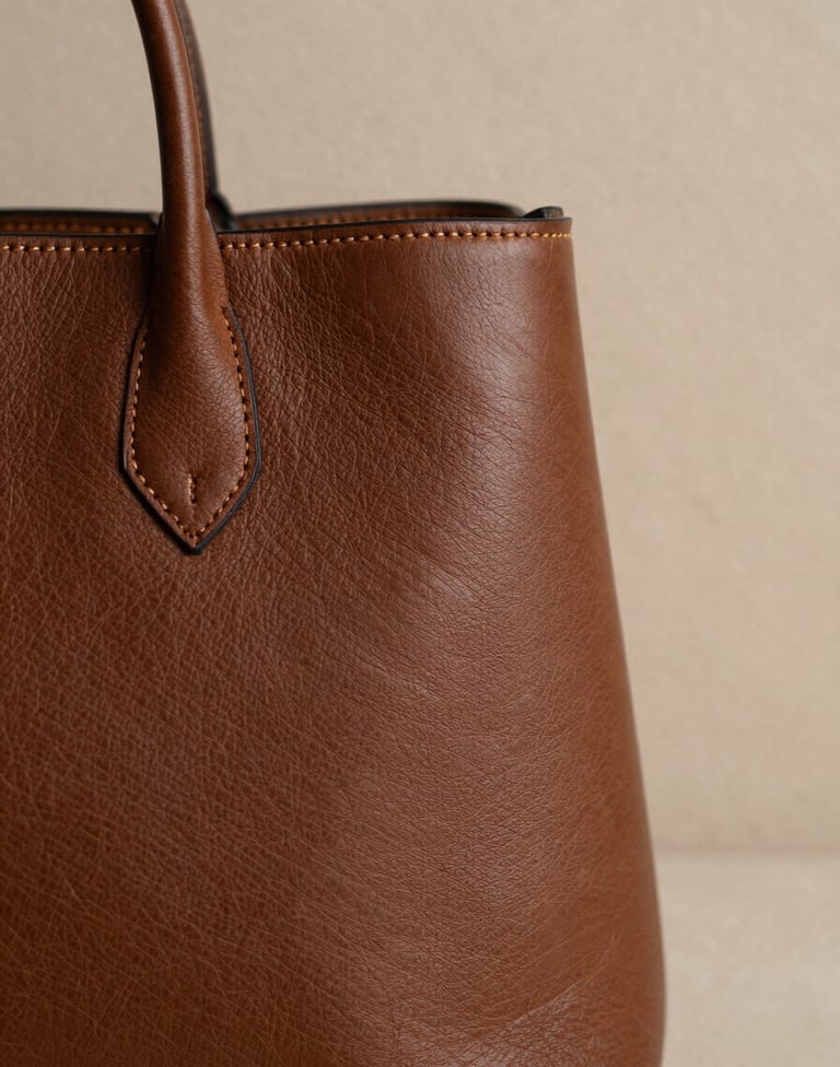 Close-up macro photography of a high-quality leather accessory against a textured beige wall, natural lighting highlighting the craft, sophisticated and authentic mood.
