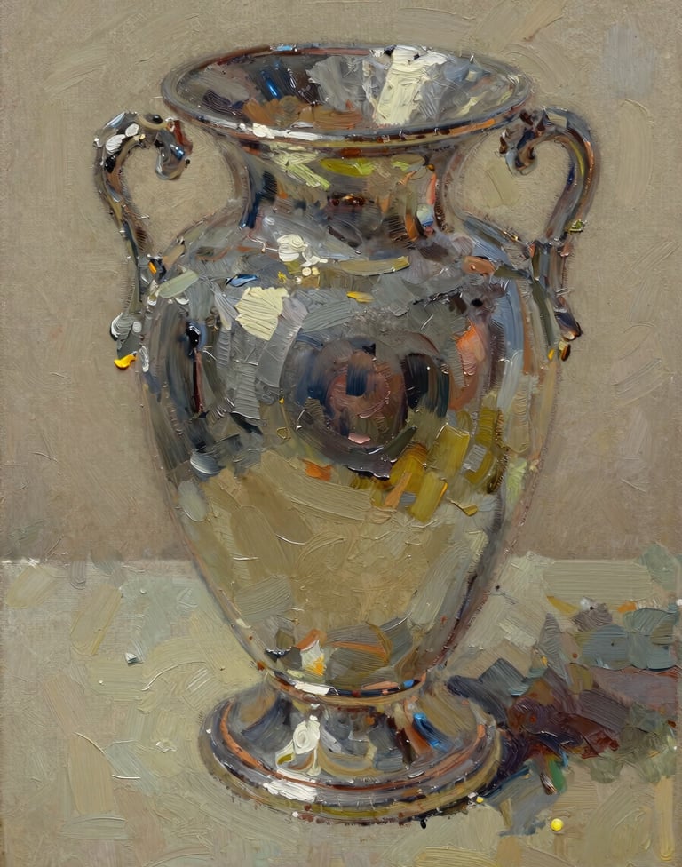 A macro detail photograph of the oil painting in the previous frame, focusing on the thick impasto brushstrokes of the silver vessel. The texture of the canvas and the layering of warm stone and muted olive paints are clearly visible.