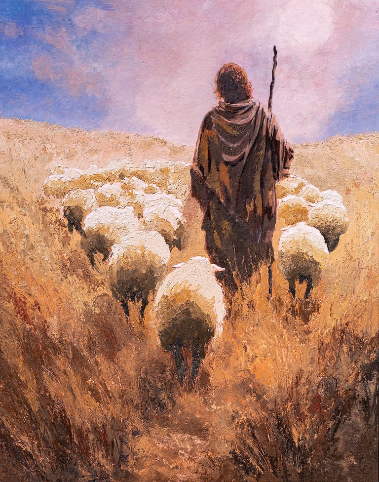 Eternal Shepherd painting by Martin Osner showing a shepherd guiding his flock toward heavenly light.
