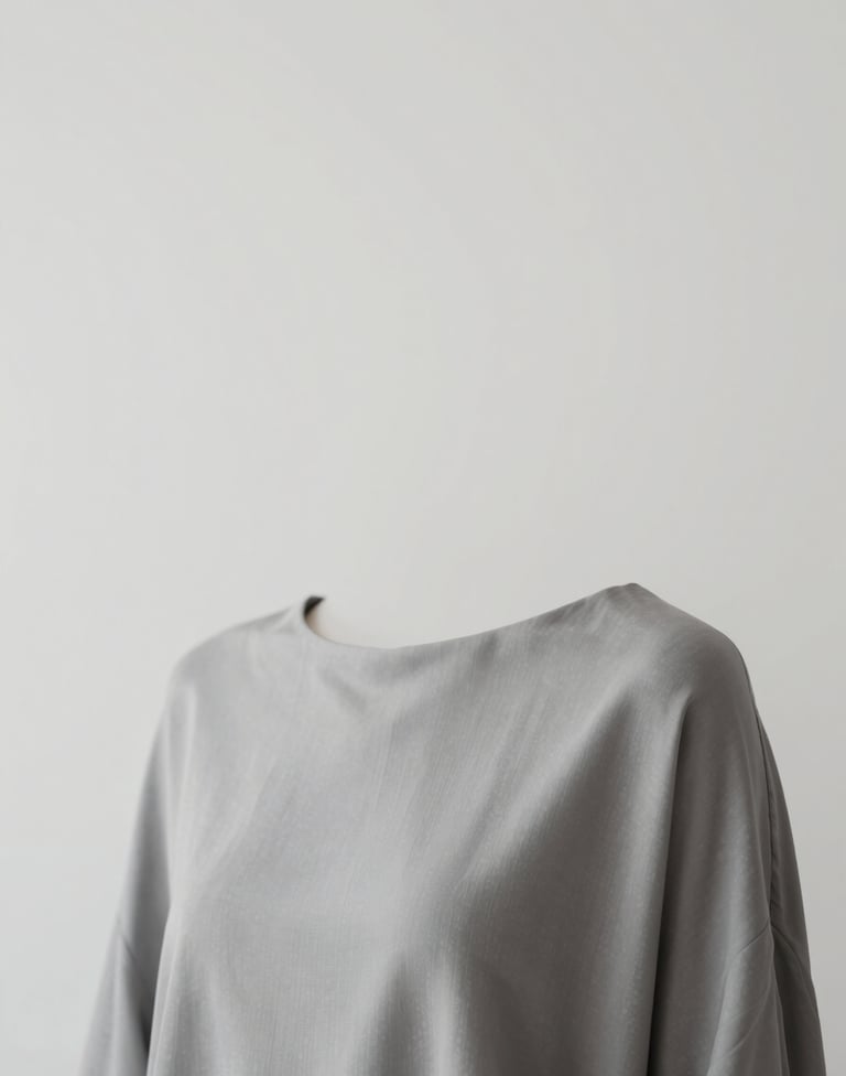 A minimalist portrait with an emphasis on negative space. The subject is draped in a refined fabric of #6B625E against a background of #AEAEA7. High-quality lighting creates an elegant, professional mood.