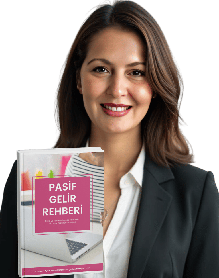 Sanem Aydın Yayla elinde pasif gelir rehberi e-kitabını tutuyor