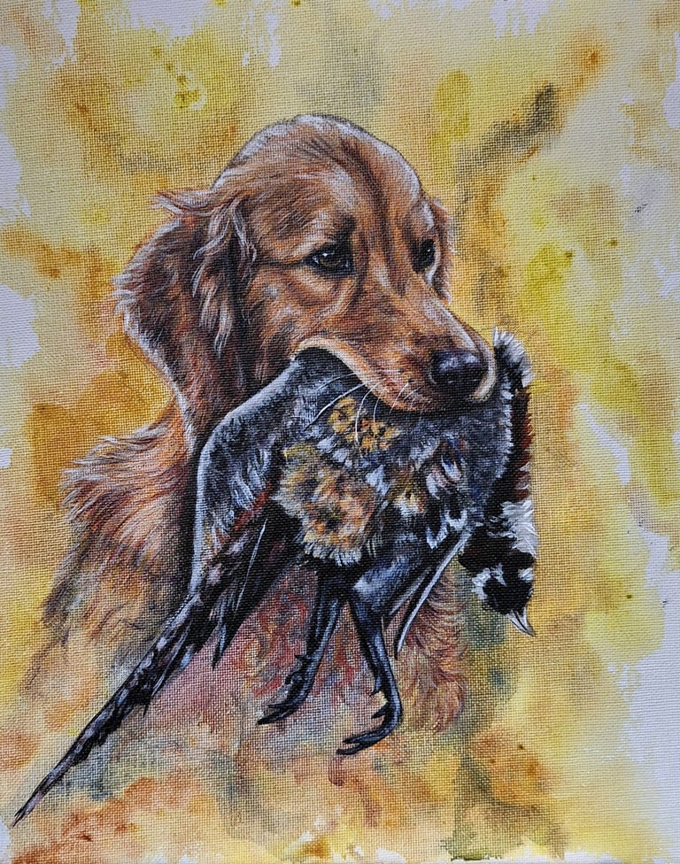 De golden retriever keert terug, trots en toegewijd, met de fazant zacht in zijn bek. In dit stille