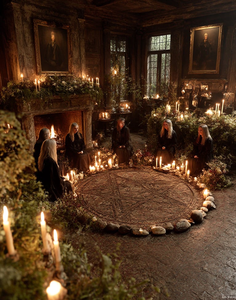 cercle de femmes assise autour d'un pentacle, des bougies pendant le sabbat de yule
