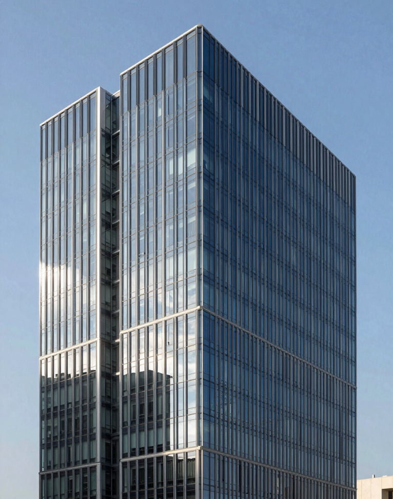 Architectural shot of a modern Brazilian business center with a minimalist design. The building features steel blue glass and clean geometric lines against a clear sky, conveying a refined and contemporary aesthetic.