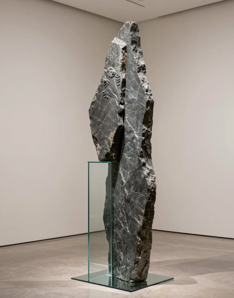 An artistic photograph of a mixed-media sculpture featuring traditional Welsh slate and sleek glass, set in a minimal Northern European / Welsh / British gallery with soft parchment off-white walls and clean lines.