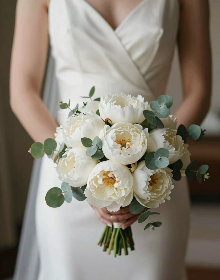 Detail shot of a bride's hands holding a bouquet of white peonies and eucalyptus, wearing a silk gown, soft focus background, elegant and warm lighting, professional wedding photography style.