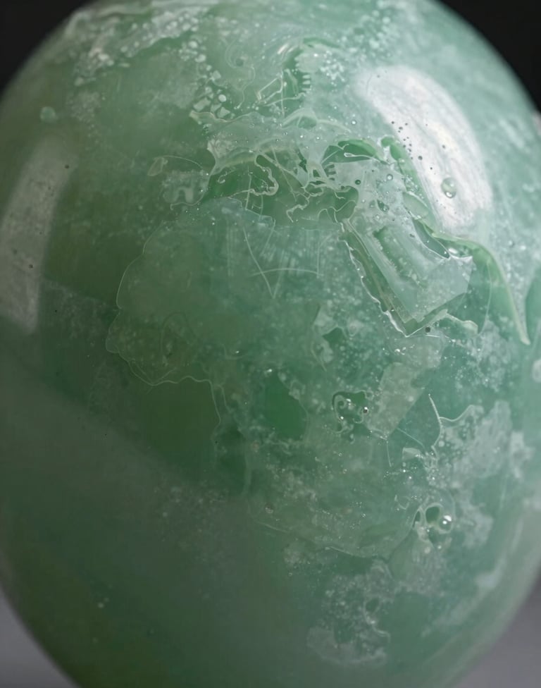 Detailed close-up of a Sage Green resin sculpture. The light passes through the translucent material, revealing intricate internal patterns. Sophisticated International / Global design aesthetic.