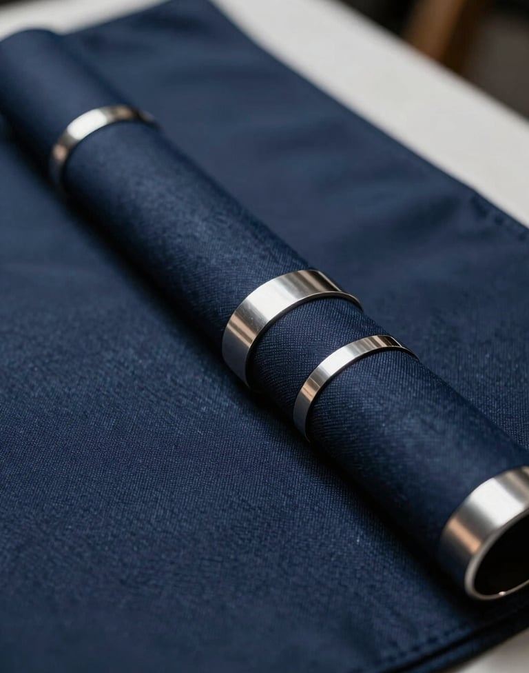 A close-up photography detail of high-fashion accessories and textured fabric, featuring metallic accents and deep navy blue materials. The shot is captured with a shallow depth of field in a North American / US creative workshop. The lighting is crisp, highlighting the contrast between the dark navy and light grey reflections.