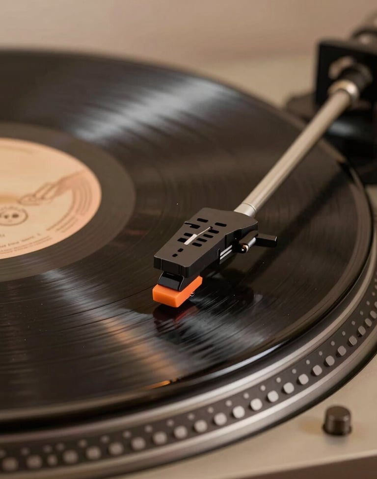 Macro photography of a vintage vinyl record spinning on a turntable, with the needle catching the light in a dimly lit room. Soft focus background. Palette colors: dark brown, charcoal, and tan. International / Western setting.