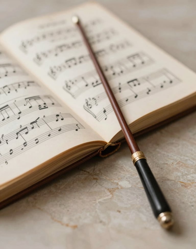 A refined, still-life composition of an open leather-bound opera score and a conductor's baton resting on a sand-colored marble surface. Soft natural lighting. Elegant, artistic, and deeply rooted in classical music culture.