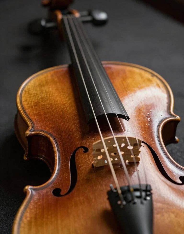 Macro photography of a violin's bridge and strings, showing the fine grain of the wood and the metallic sheen of the strings. Shallow depth of field with a blurred background of a concert stage. Muted stone brown and dark ebony tones. Professional Southern European / Spanish studio style.