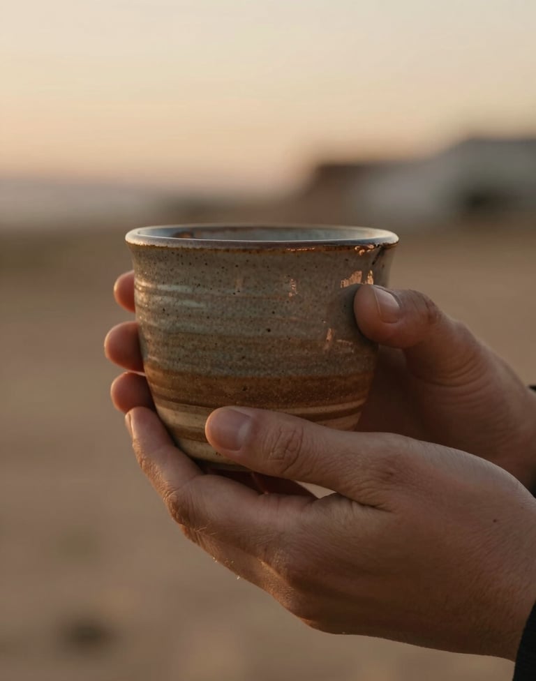 Close-up photography of hands holding a ceramic cup outdoors, bathed in the soft, warm light of a Spanish sunset. High detail on textures, cinematic shallow depth of field, palette of rich browns and sand.
