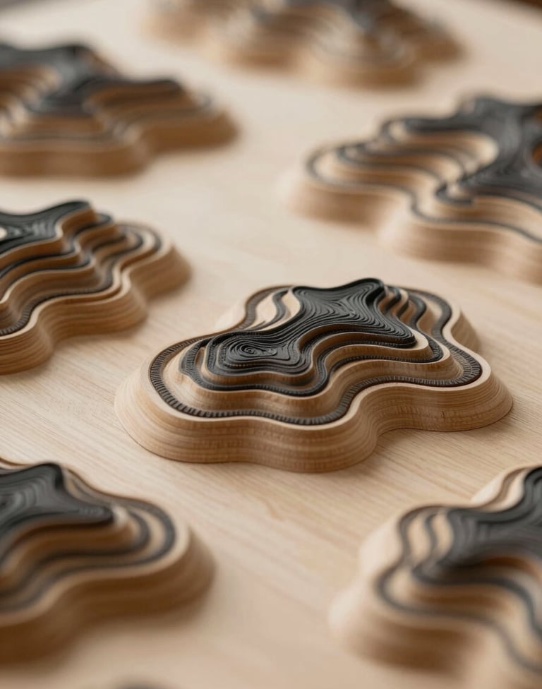 A close-up of a topographic model made of natural birch wood, showing complex landscape contours. Soft shadows, minimalist aesthetic, warm sand and charcoal tones.