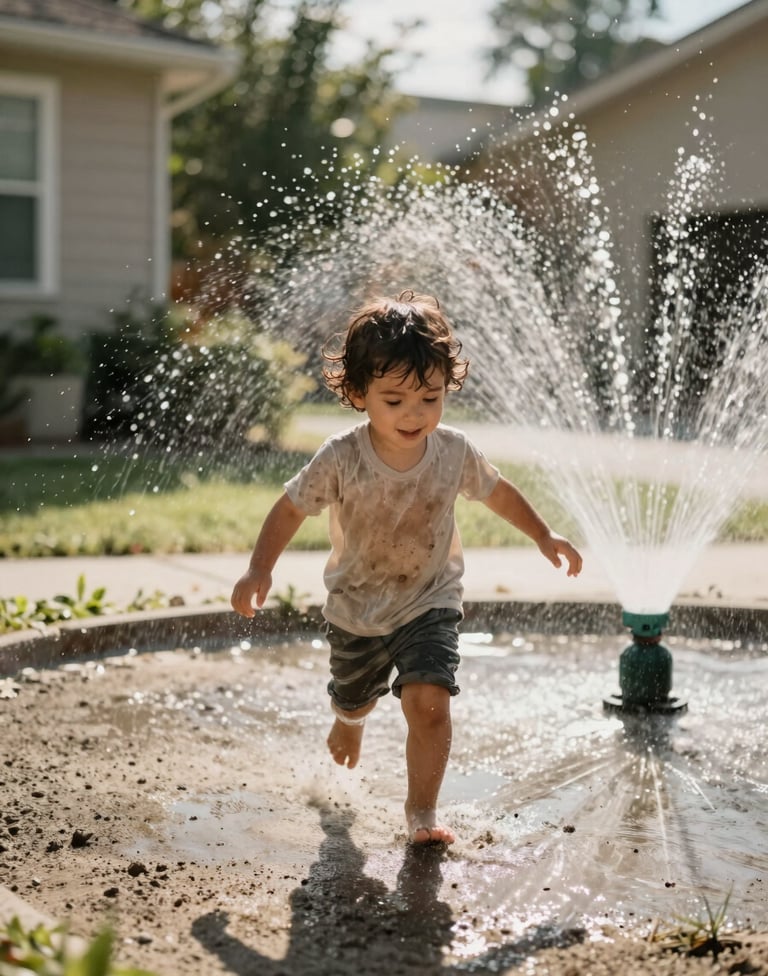 An authentic lifestyle shot of a young child running through a sprinkler in a North American / US suburban garden. The composition is dynamic and candid, with water droplets glistening in the sun-drenched air. Charcoal shadows provide depth against the bright soft sand sunlight.