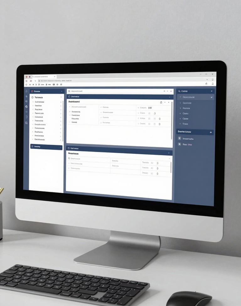 A clean, minimalist workspace in the US featuring a high-end desktop monitor that displays a series of professional UI design wireframes in a muted blue and white color palette.