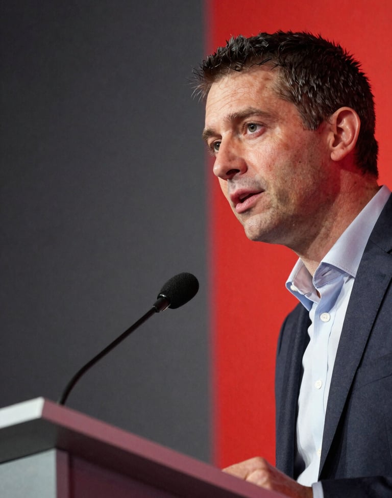 A close-up, sharp photograph of a speaker on a podium at a professional North American conference. The background is a minimalist dark gray, with a vibrant red accent light casting a sharp, artistic glow from the side. Professional lighting and modern style.
