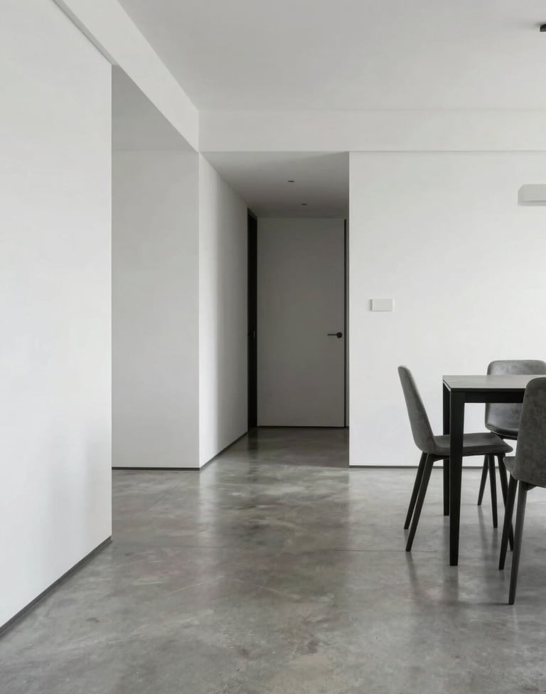 A wide shot of a modern apartment interior in Olinda. White walls, polished concrete floor in light silver gray, and a minimalist dining area. Minimalist aesthetic with a sense of calm and technical precision.