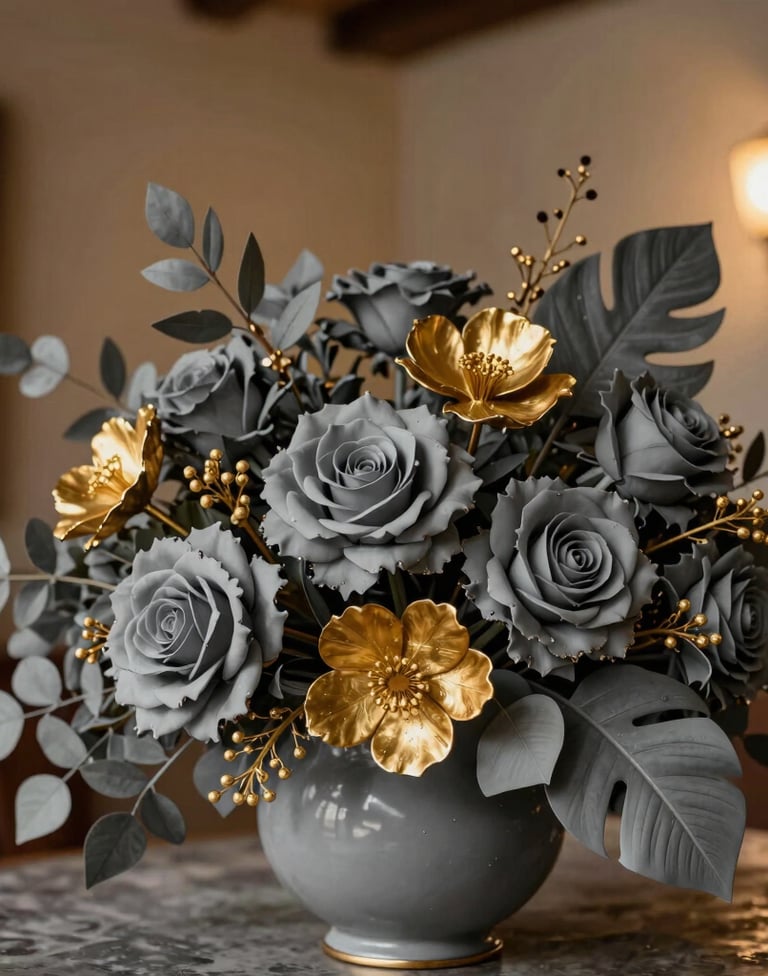 Fotografía macro de un elegante arreglo floral con acentos en gris pizarra y oro, iluminación ambiental íntima, profundidad de campo reducida, entorno de villa española.