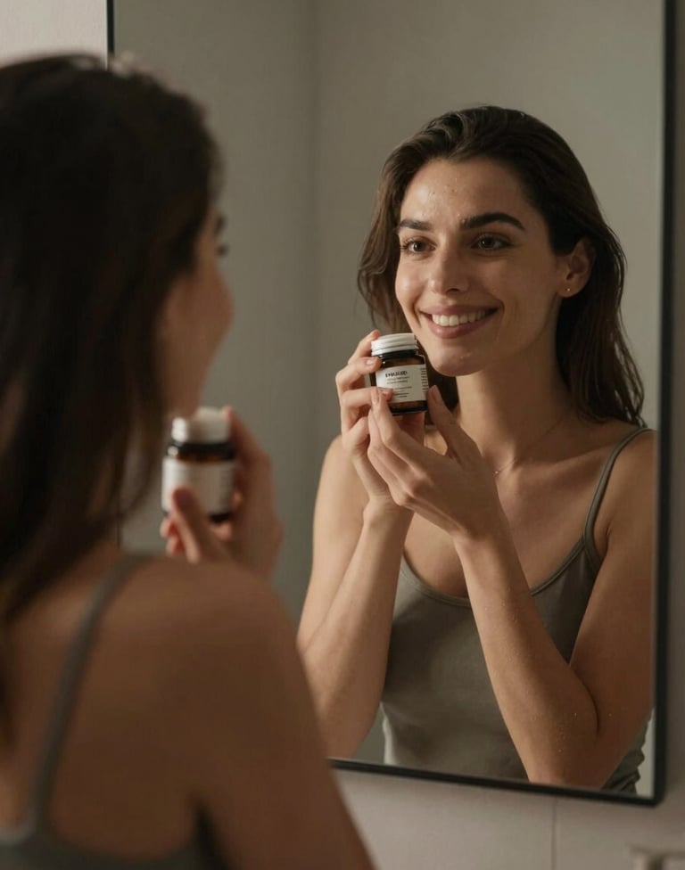Authentic shot of a woman smiling at her reflection in a dimly lit mirror, holding a skincare product. The lighting is warm and natural, with Soft Silver Mist tones in the background and a minimalist, modern aesthetic.