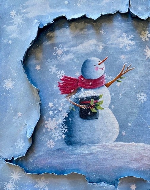Broken canvas, snowman, snowflakes, acrylics