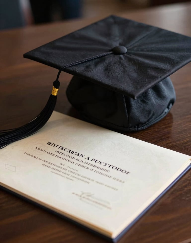 A close-up artistic shot of a senior's graduation cap and a vintage-style diploma resting on a dark brown wooden table, soft focus background, elegant lighting, North American / US style.