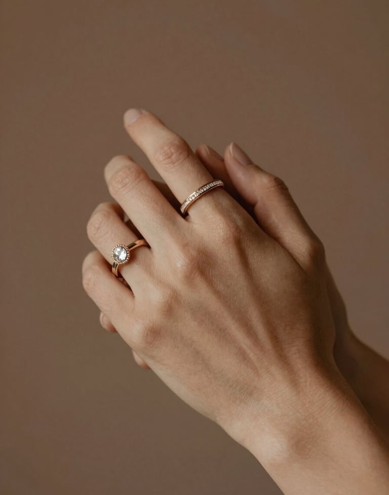 Close-up detail photography of two hands interlocked, wearing North American / US style wedding jewelry. The background is a soft focus of muted earth brown and terracotta tones. Warm, cinematic lighting.