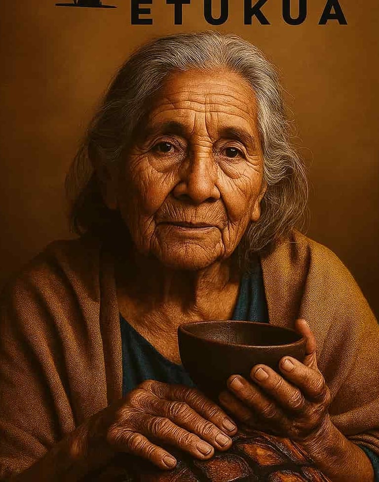 Retrato de una maestra mezcalera anciana, mostrando la sabiduría y tradición detrás del mezcal artes