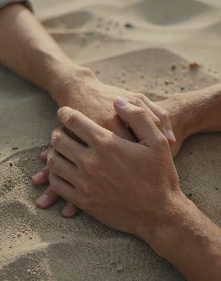 A close-up photography shot of two people's hands gently holding each other, resting on a soft sand linen fabric. The lighting is warm and natural, suggesting a quiet cinematic moment between an authentic couple in a North American setting.