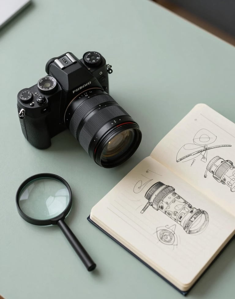 A top-down photograph of a researcher's desk. It includes a high-end camera, a minimalist design notebook with sketches, and a magnifying glass. The aesthetic is clean and intellectual, featuring a Soft Sage and Dark Slate color scheme.