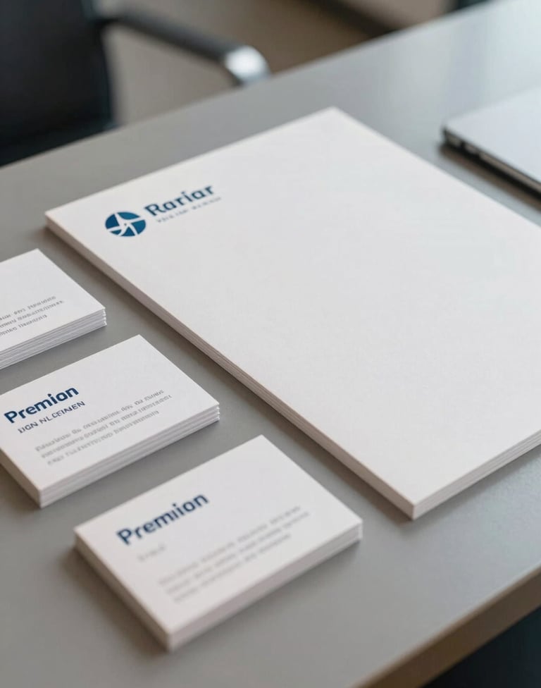 A close-up photograph of premium business cards and stationery laid out on a polished grey surface in an International / Western corporate lobby. The stationery features muted steel blue typography and crisp off-white paper stock. Soft, elegant lighting.