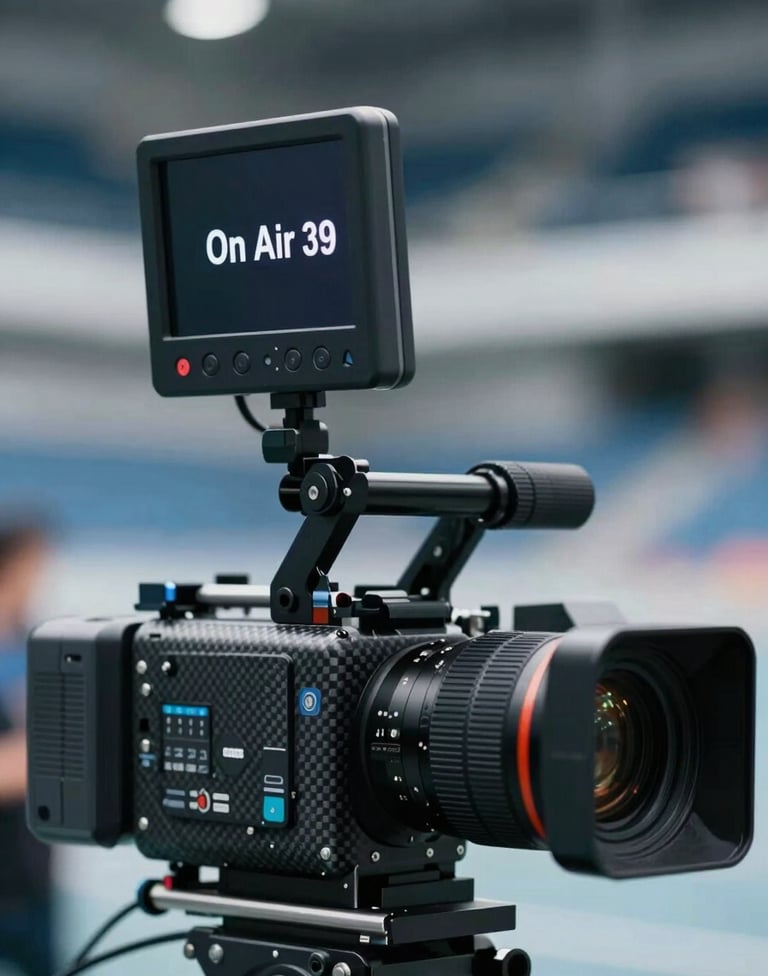 Close-up of a high-end cinema camera rigged for live broadcast, with the 'On Air' tally light glowing. The focus is on the sleek black lens and carbon fiber housing, set against a blurred background of a modern arena using the #4A6075 palette.
