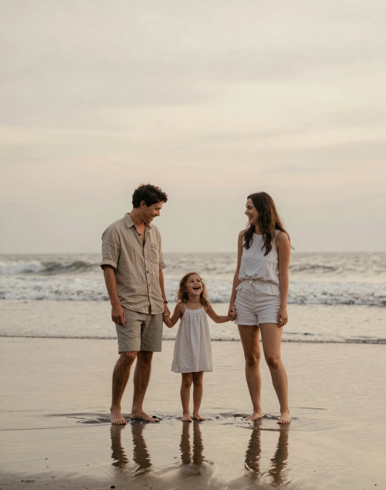 A family of three laughing together on a Balinese beach at twilight. The sand reflects a muted #C8B6A6 tan, while the sky is a gentle cream #F8F5EF. The lighting is natural and warm, capturing a timeless, unscripted moment of joy.