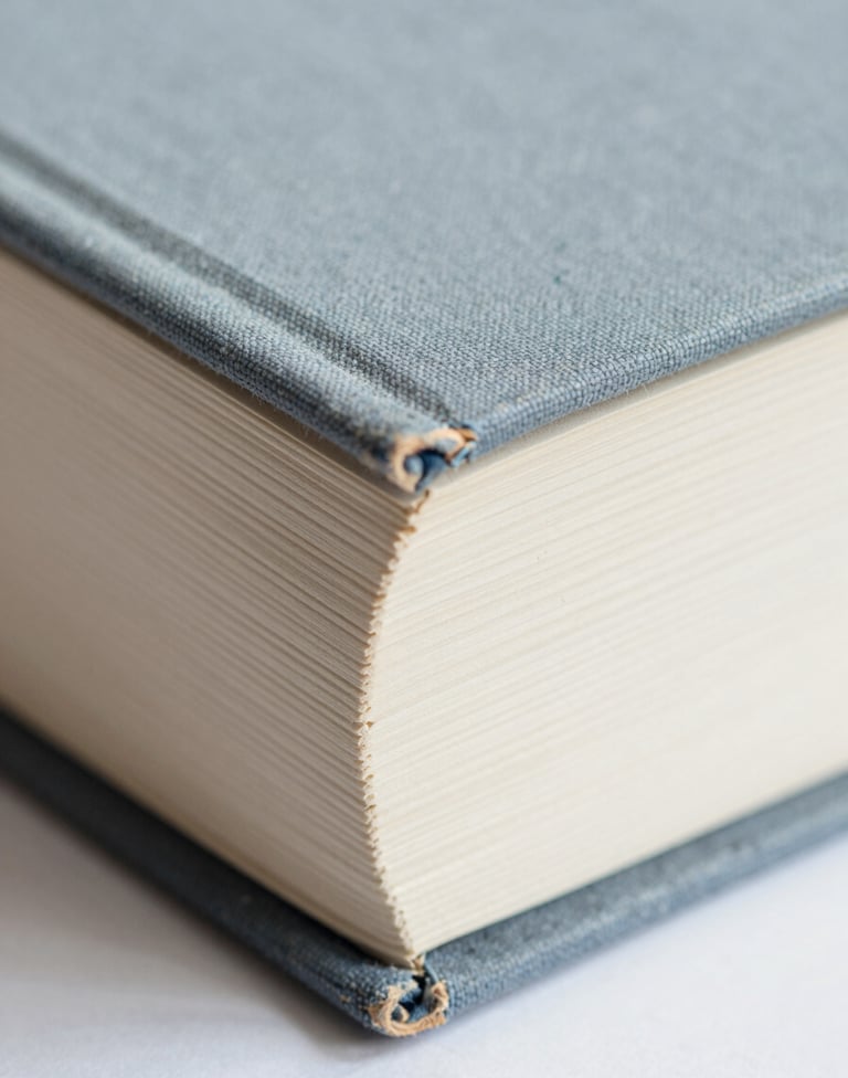 Close-up macro shot of an aged photography book's spine, visible texture of linen binding in soft gray. Muted blue accents and off-white paper edges. Soft natural lighting, premium archive feel.