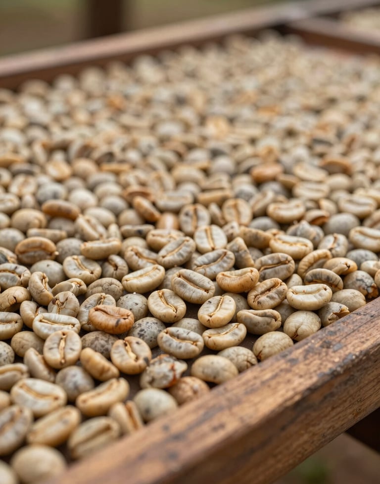 Macro photography of raw coffee beans drying on a traditional wooden tray, showing various shades of light brown and tan, South American / Latin hacienda setting, soft natural side-lighting emphasizing texture.