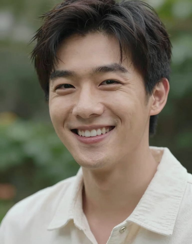 A close-up portrait of a happy individual in a North American / US garden setting. Natural, soft lighting. The person is wearing off-white clothing. Artistic, shallow depth of field photography.
