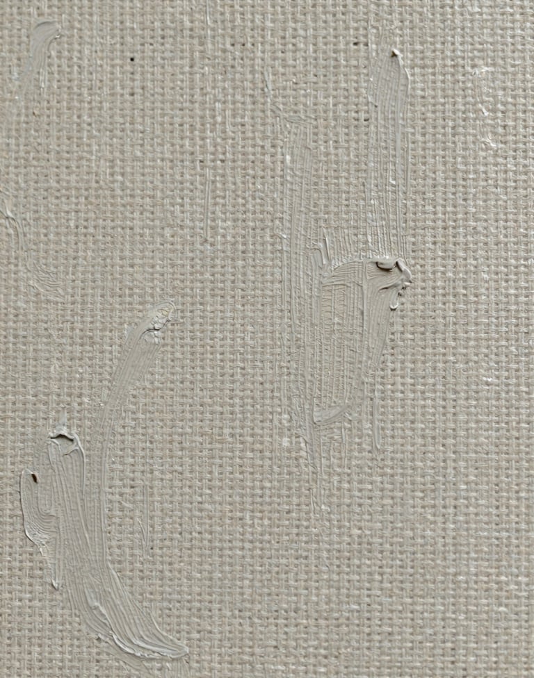 Macro shot of a painting detail showing the intricate texture of linen canvas under thin washes of #6B705C paint. The lighting is soft and natural, emphasizing the organic and personal nature of the artist's process.