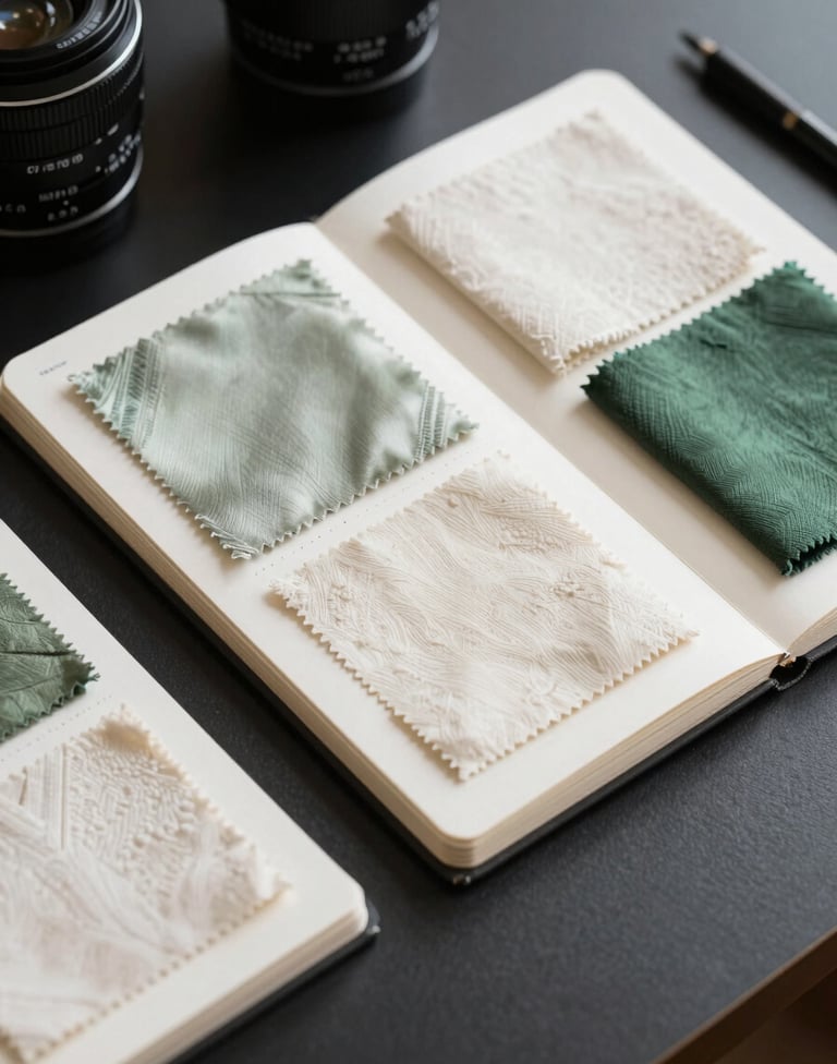 A clean, minimalist flat-lay of a design sketchbook and material swatches. The swatches include dyed silk and textured cotton in ivory and zen green colors, arranged on a charcoal black desk in a East Asian / South Asian influenced for a global luxury audience creative space.