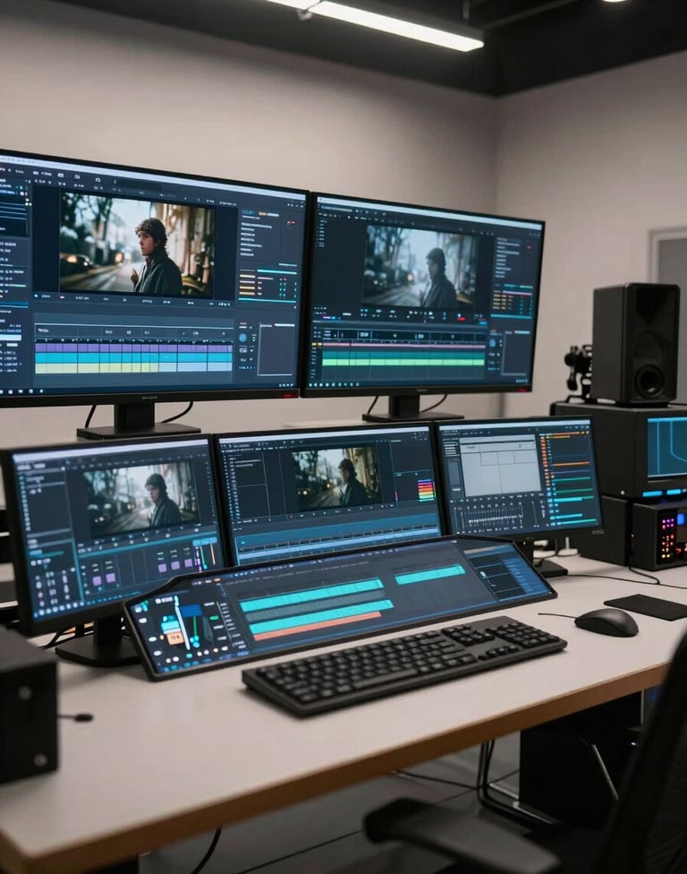 A sophisticated post-production editing suite in a North American film studio. Large high-resolution monitors display cinematic color-grading interfaces with rich blues and grays. A professional workspace with subtle accent lighting in soft white.
