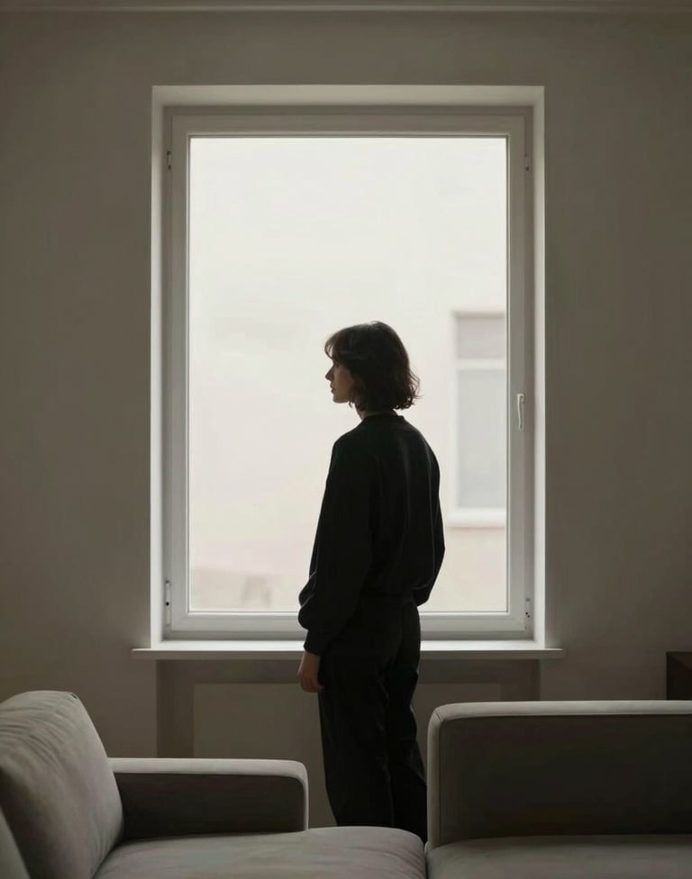 An editorial portrait of a person standing by a large window, their silhouette framed by soft, diffused Northern European light. The setting is a minimalist Dutch interior with off-white walls and dark grey-beige furniture. Moody and understated.