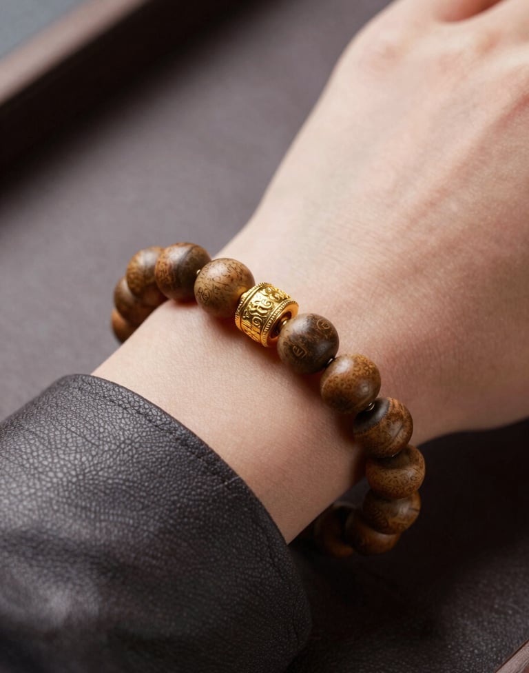 Close-up detail of high-end accessories: a mix of gold and traditional wooden beads on a wrist, resting on an expensive dark leather surface. Colors include #8D765D and #3D2C20. Shallow depth of field, very premium look.