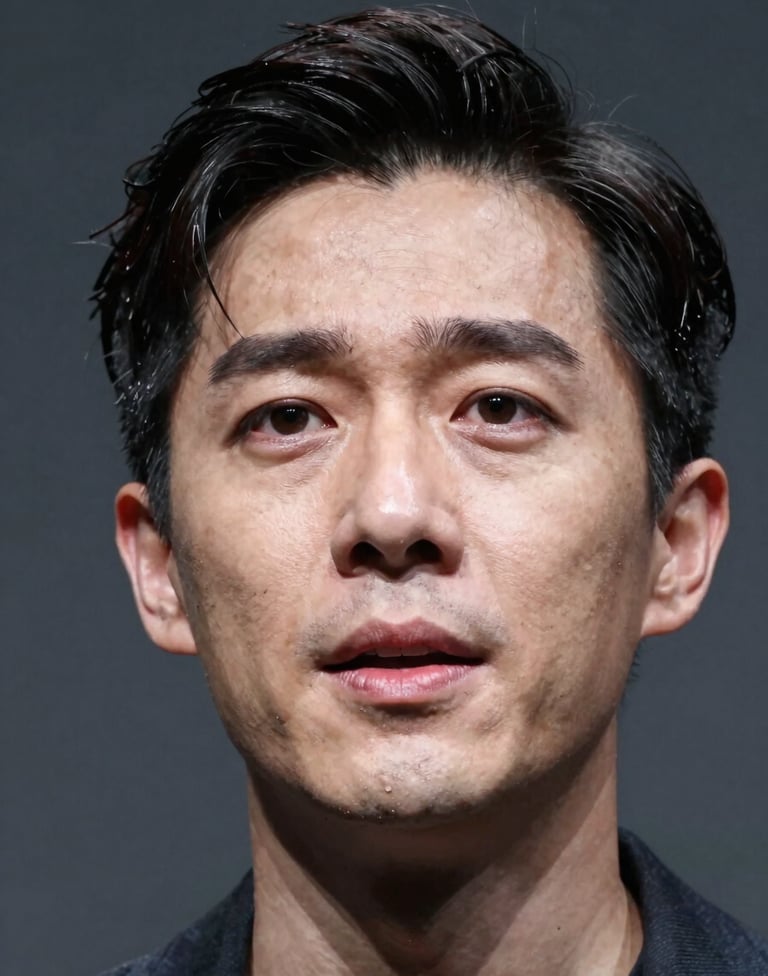 A close-up photography of an actor's expressive face during a theatrical climax, high-contrast lighting with deep grey shadows, North American / US stage production, polished and professional style.
