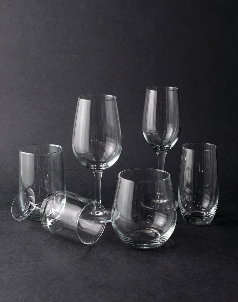 Creative composition of sleek glassware arranged on a deep charcoal black surface, featuring sharp reflections and high-end commercial lighting in a Central European studio.