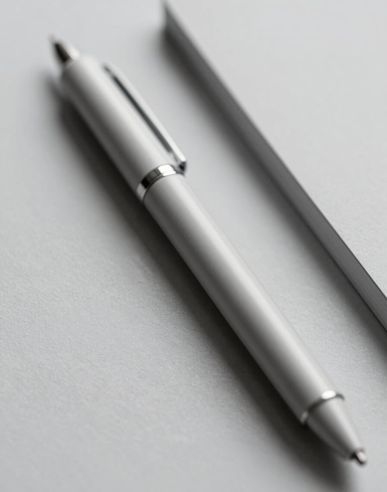 A macro shot of high-quality, textured stationery in light gray (#D8D8D8). A single pen rests beside it. The depth of field is shallow, highlighting the tactile quality of the materials. Minimalist lighting and a calm, quiet mood.