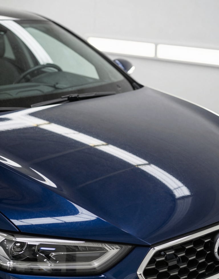 Professional reflection light board with parallel yellow lines placed against a car hood to show perfect surface flatness after repair. The car is a deep navy blue #0A1E3C. Image conveys technical mastery and high-quality results.