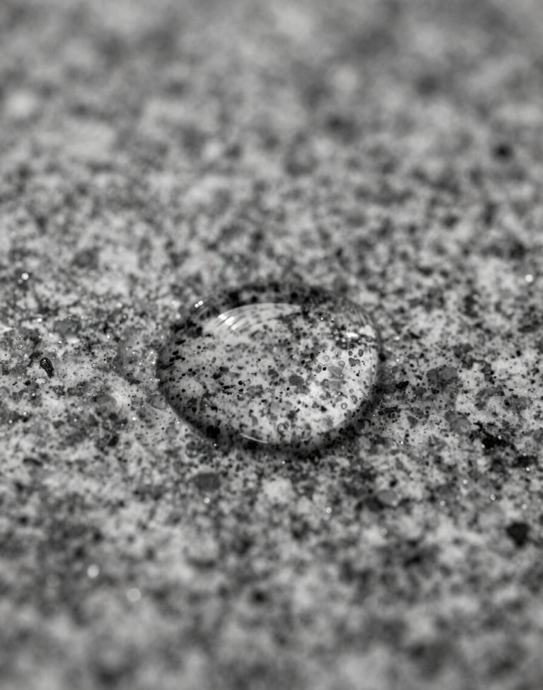 A black and white macro photograph of a drop of water on a textured granite surface, symbolizing the theme of water conservation with sharp focus and cinematic lighting.