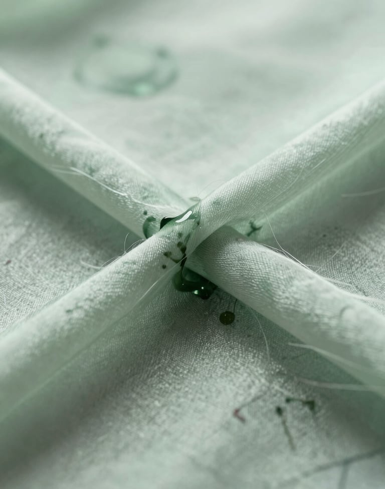 A macro photograph focusing on the intersection of ink and silk fiber. The ink bleeds slightly, creating a nebulous, atmospheric texture in muted sage green. The lighting is bright and airy, emphasizing the translucency of the material.